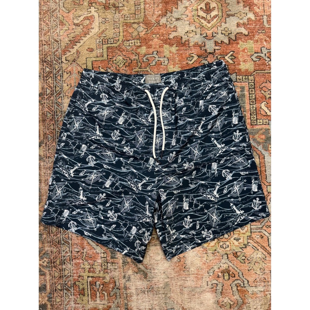 Berkley Jensen Mens XL Swim Trunks Navy Blue Nautical Anchor Compass Print